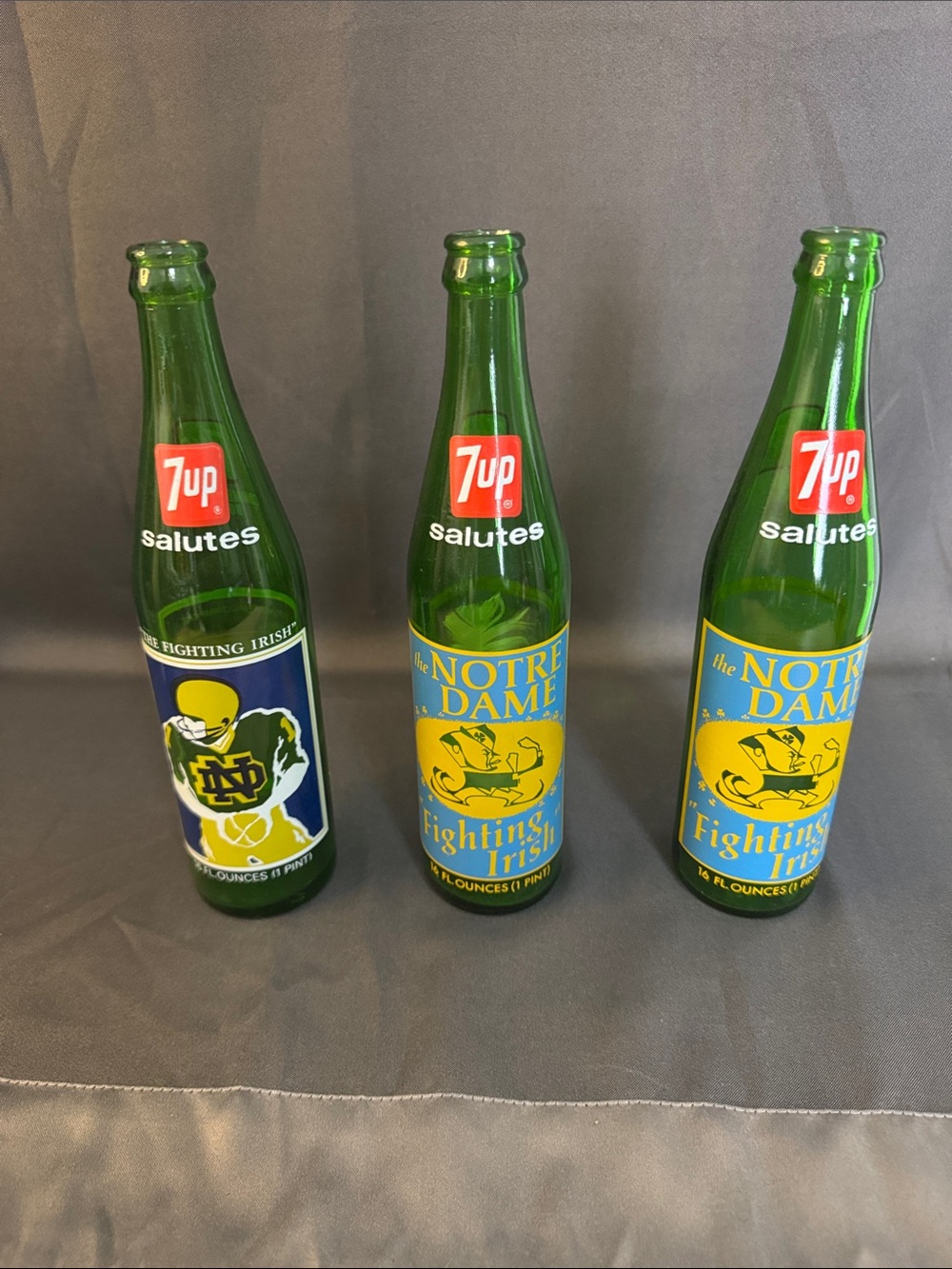 Vintage 7up Salutes Notre Dame Fighting Irish Green Glass Bottle - Set of 3